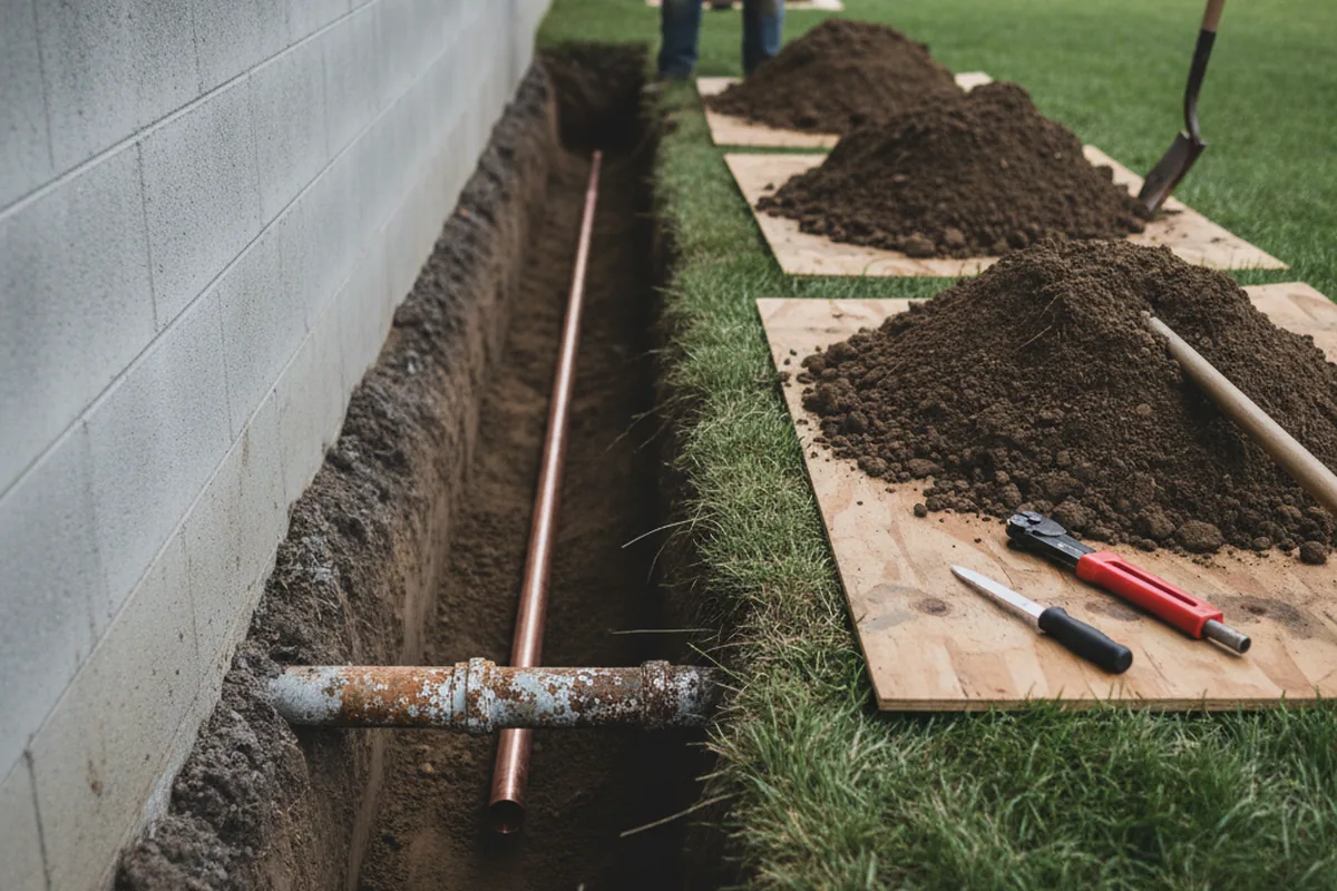 Excavated water line trench during Sewer Line Repair in Gracewood
